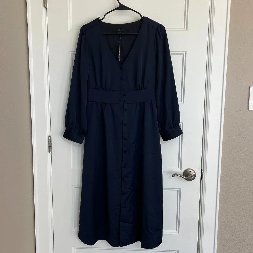 NWT J.Crew Navy Blue Button-Front V-Neck Midi Dress Size 6 Long Sleeve AD072